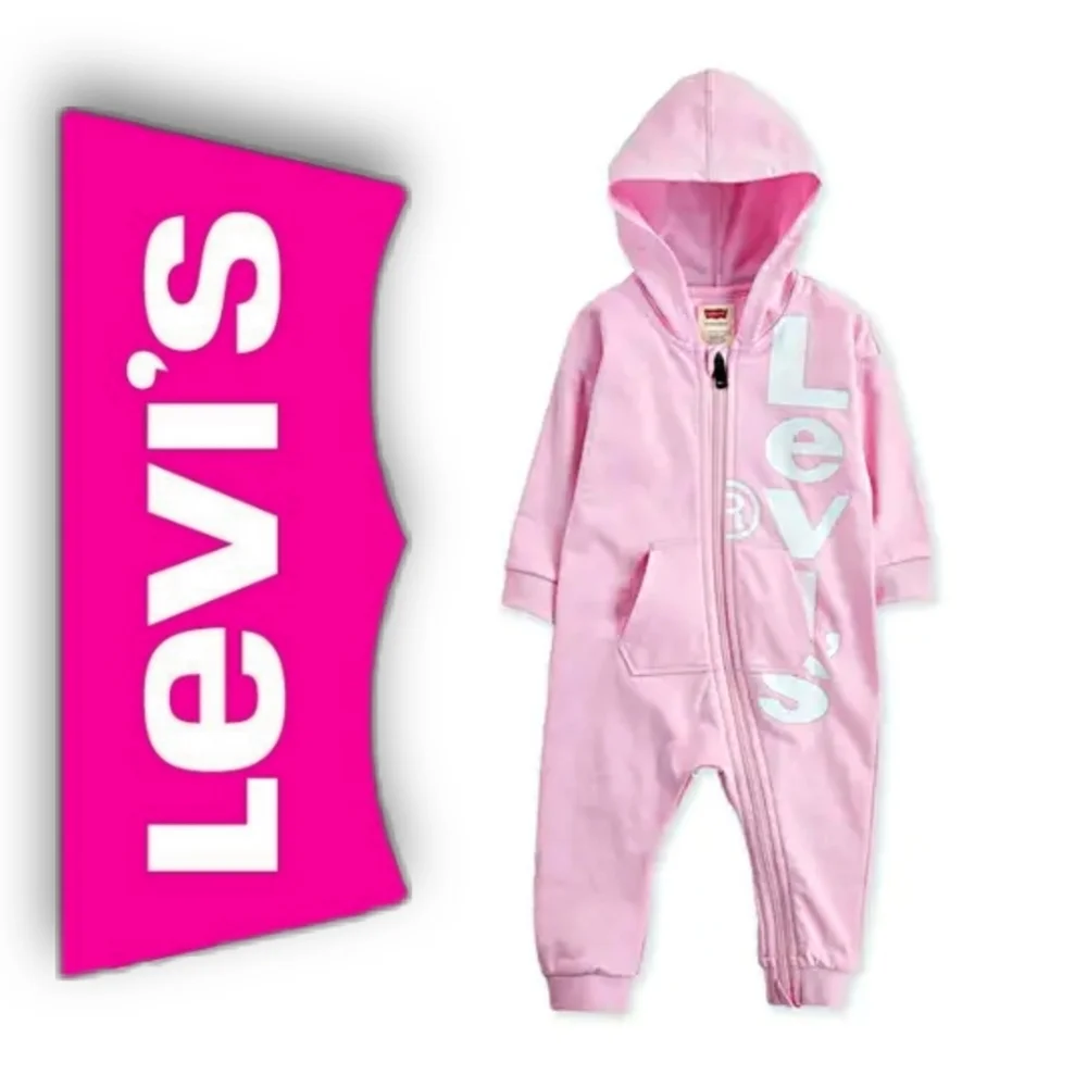 Levis Baby Girl Hooded Coverall Pink & White Graphic One Piece Jumpsuit NWT 6M